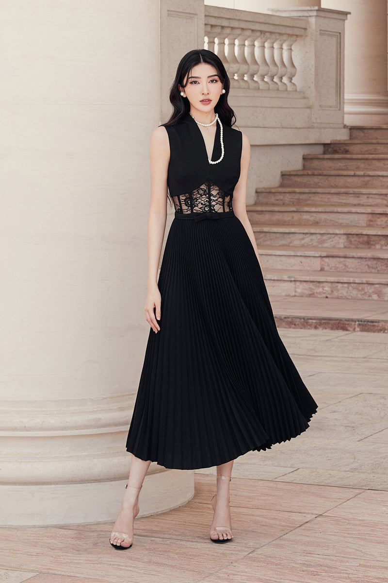 LUDOVIC Pleated Midi Dress with Lace – GIANA official website