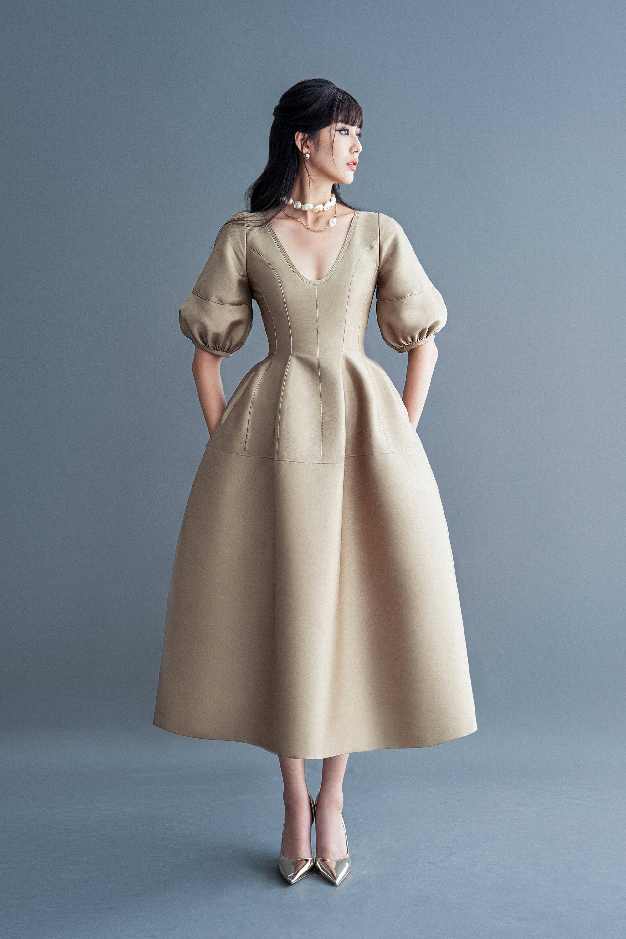 DUMAS Puff-sleeve Midi Dress