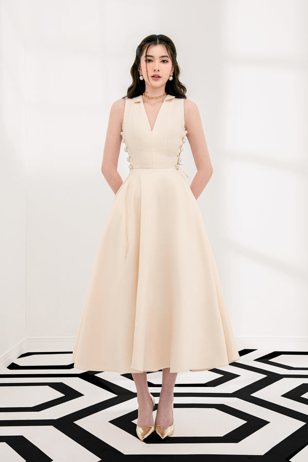 DUCHESS Lace-up with pearl Midi Dress