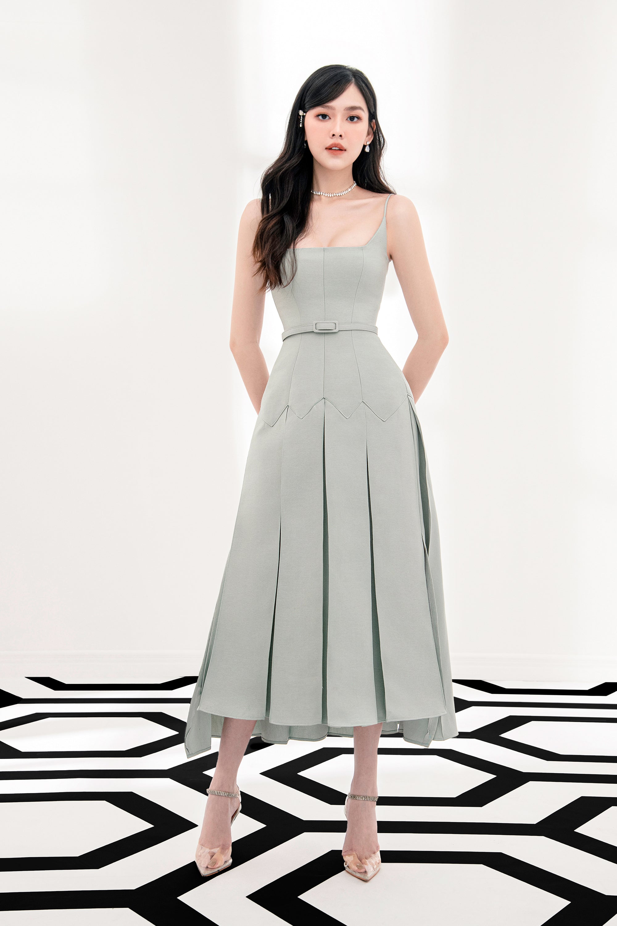 jina pleat waist midi dress Johanna Pleated Twill Midi Dress in Blush